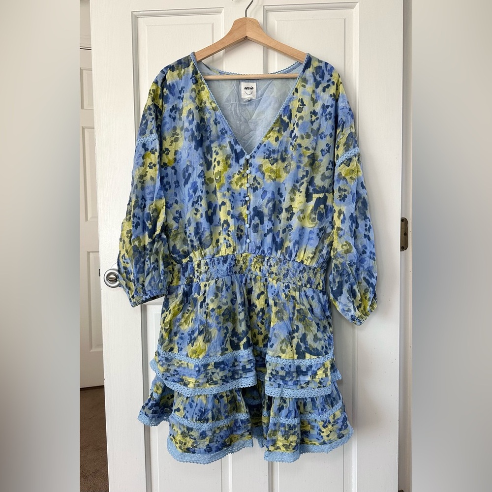 Aerie Rock 'N' Ruffle Tiered Mini Dress Blue Yellow Floral Size XL NWOT